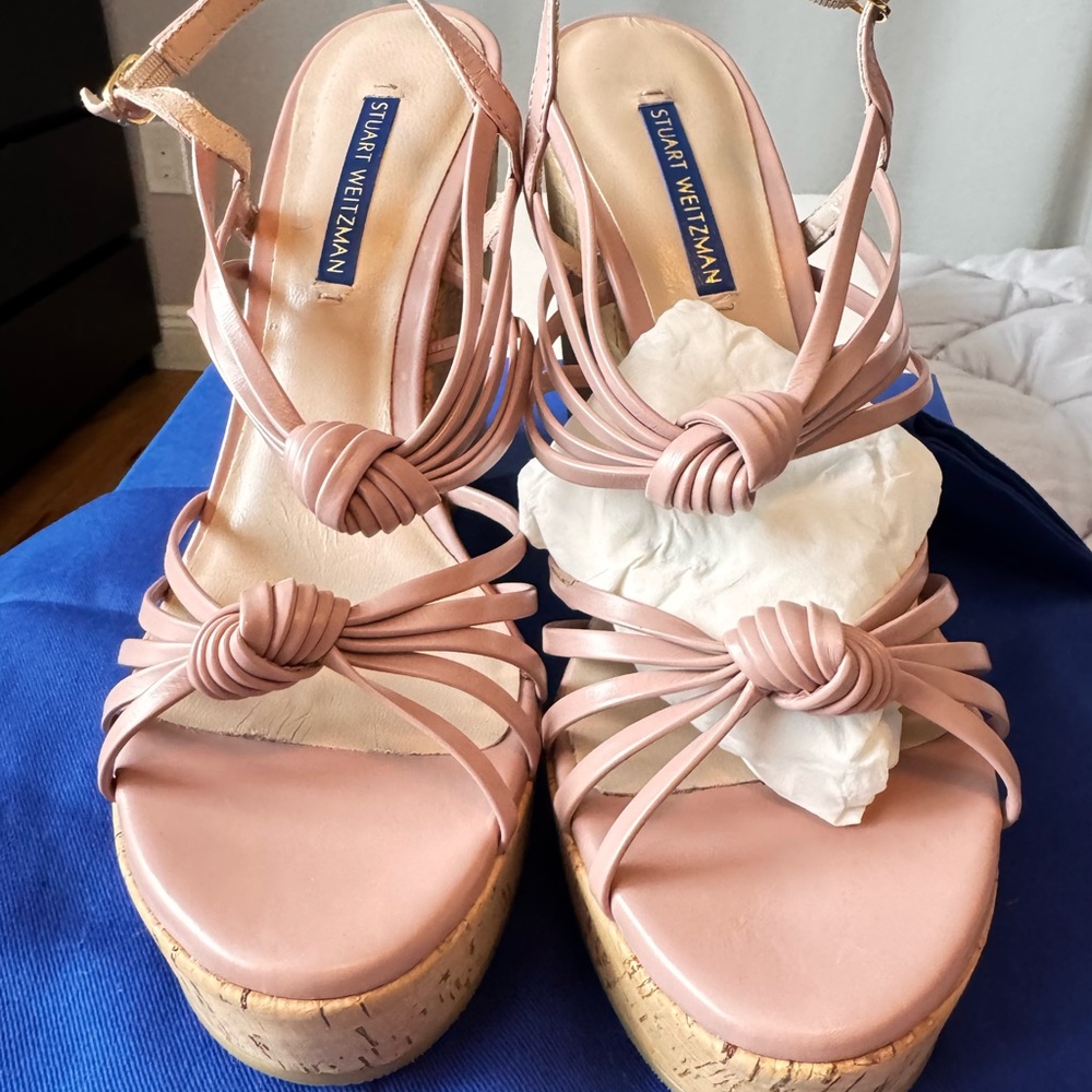 New Stuart Weitzman seascape buff blush Pink Strappy Wedge Sandals 8.5